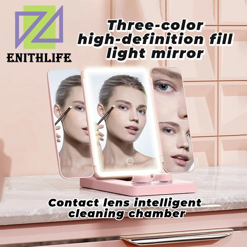 Triple-Fold HD Makeup Mirror With Contact Lens Cleaner 3X Magnification